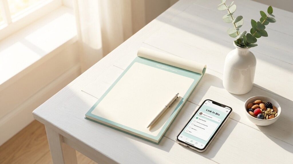 A workspace with a notepad and phone, representing a 10-minute instagram bio audit.