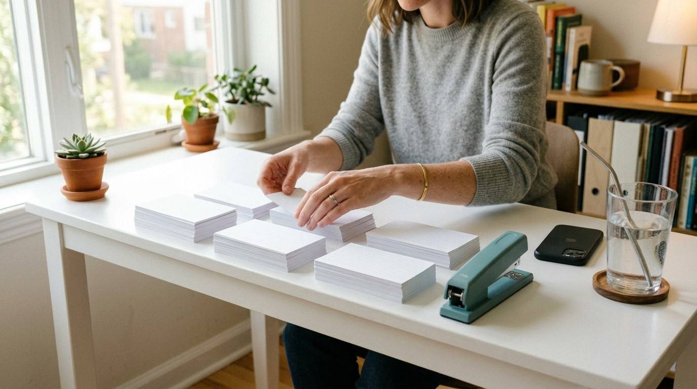 Hands arranging blank index cards into stacks on a clean white desk, visualizing Instagram content ideas for beginners.