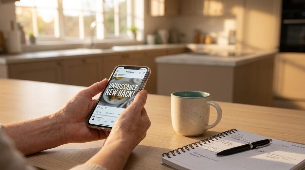 Hands holding a smartphone with bold headline text in a bright kitchen, showcasing instagram hooks examples.