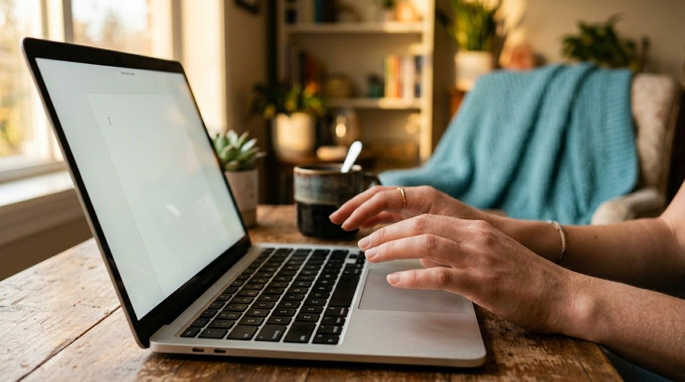 Hands hovering over a laptop with a blank screen in warm lighting, representing feeling stuck for Instagram ideas.