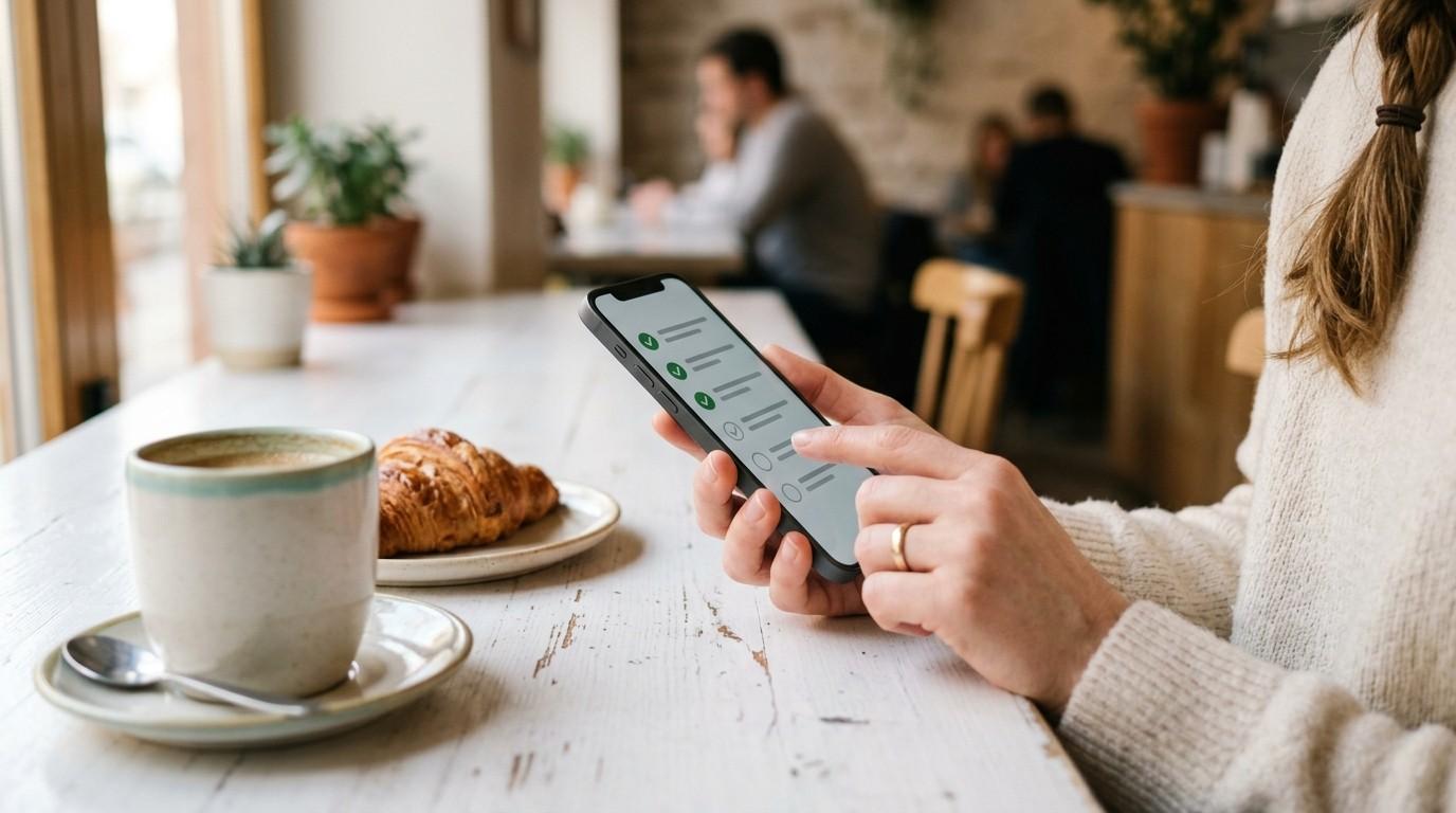 Hands using a smartphone in a coffee shop checking a list, illustrating if MRR is worth it for autopilot income.