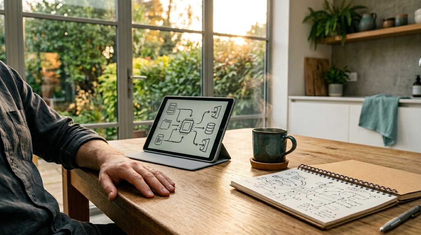 A notebook with strategy symbols and a tablet on a sunlit kitchen table, symbolizing the decision process of is MRR worth it.