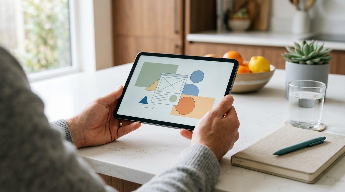 Hands holding a tablet showing a digital product mockup on a kitchen island, evaluating Master Resell Rights for beginners.