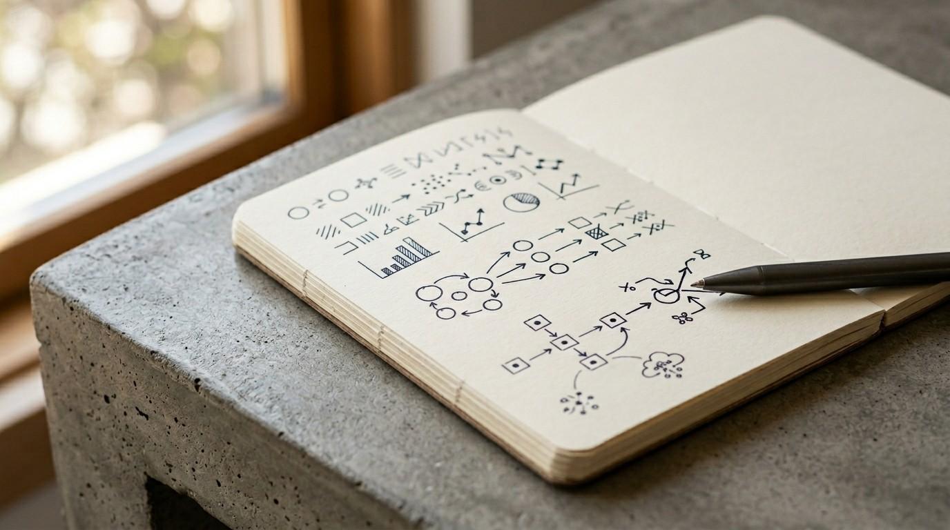 A macro shot of a pen resting on a notebook with generic symbols on cream paper, representing master resell rights for beginners pricing strategy.
