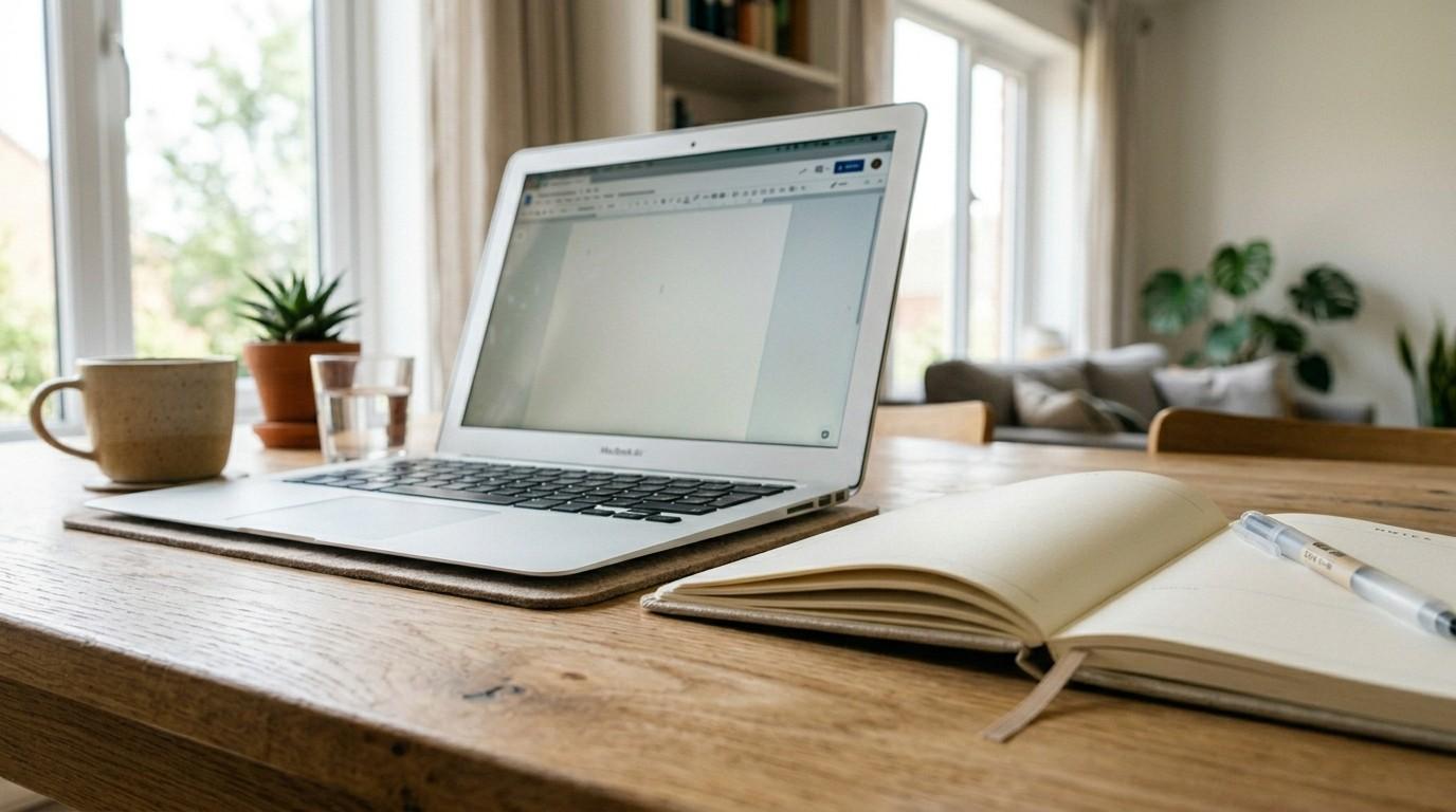 A laptop and open planner sit on a light-wood table in a modern living room, illustrating master resell rights for beginners setup.