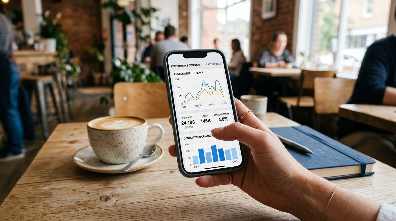 A close-up of a smartphone displaying analytics in a coffee shop, illustrating master resell rights for beginners strategy.