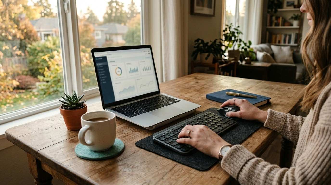 A candid view of a parent's hands working on a laptop at a kitchen table side hustle setup.