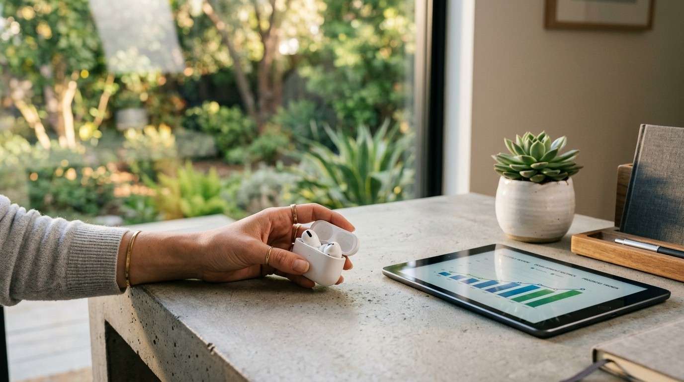 Parent’s hand holding wireless earbuds near a tablet showing a chart, representing delegation in an MRR business plan for beginners.