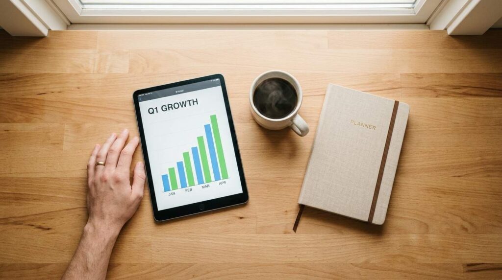 Parent's hand near a tablet displaying an upward trending chart on a kitchen counter, explaining an MRR business plan for beginners.