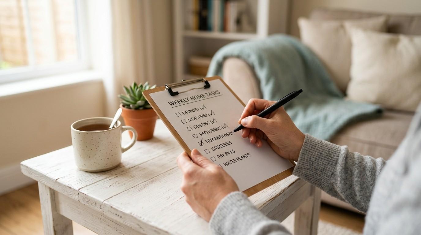 A hand ticking boxes on a checklist on a cozy side table, illustrating MRR digital products explained practically.
