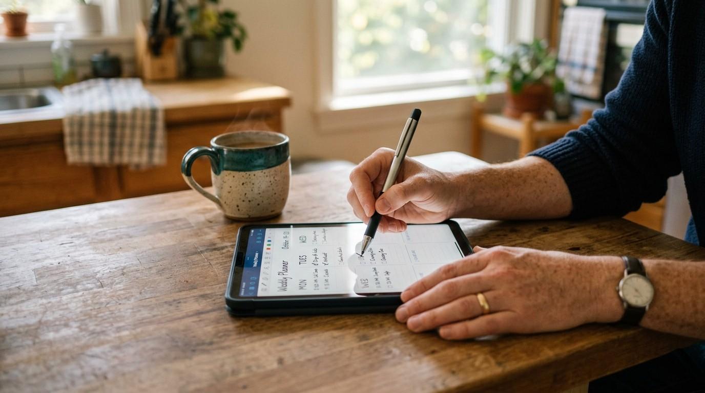 Hands using a stylus on a digital tablet planner at a kitchen island, representing mrr digital products passive income systems.