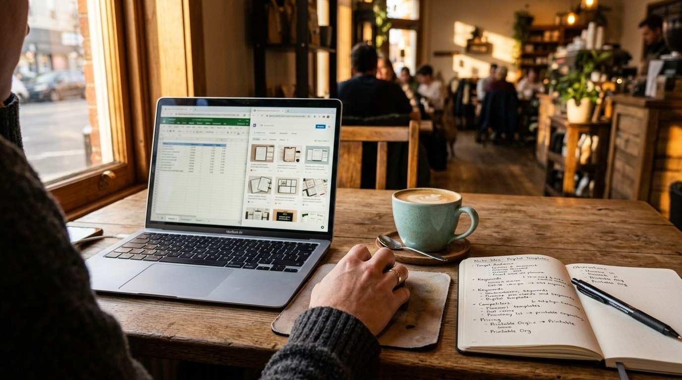 Hands using a laptop next to a latte in a coffee shop, illustrating niche research for MRR products for beginners.