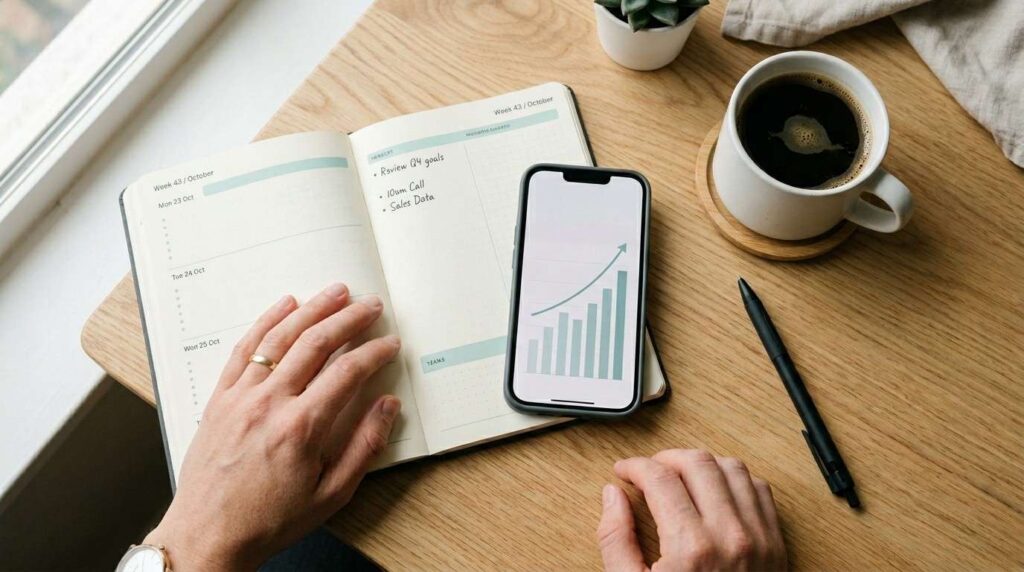 A parent's hands near a planner and smartphone displaying a graph on a kitchen table, analyzing MRR scam or legit.