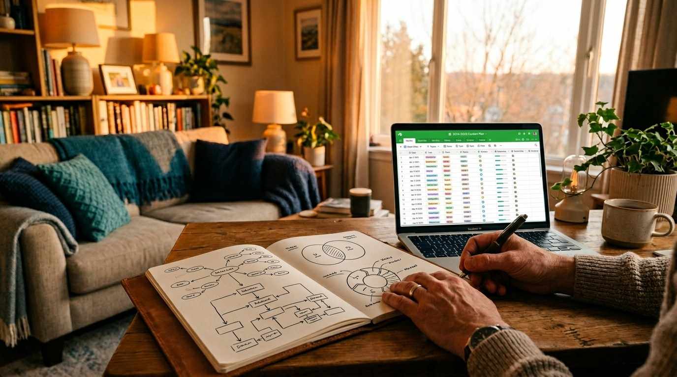 A parent patiently writing a content plan during warm lighting, symbolizing the long game of affiliate marketing.