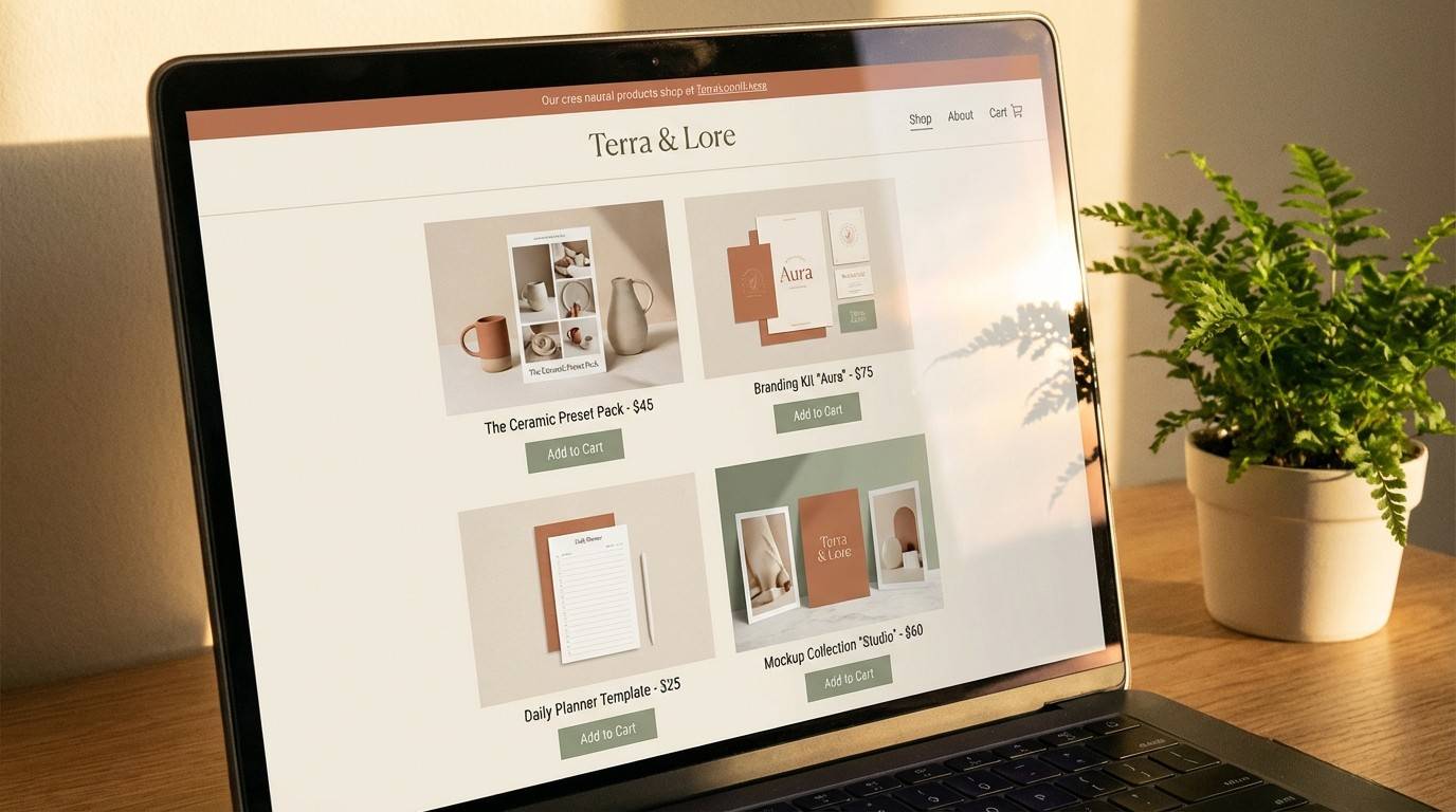 Clean branded website shop page showing digital products for sale — full control over branding with no marketplace competition