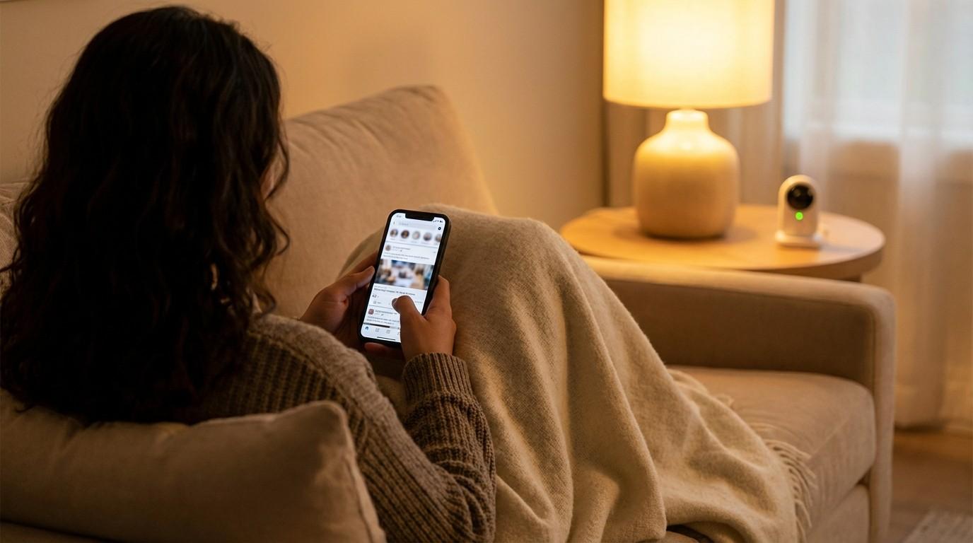 Parent scrolling phone on couch after bedtime with baby monitor nearby — searching for a way to start earning online without showing face