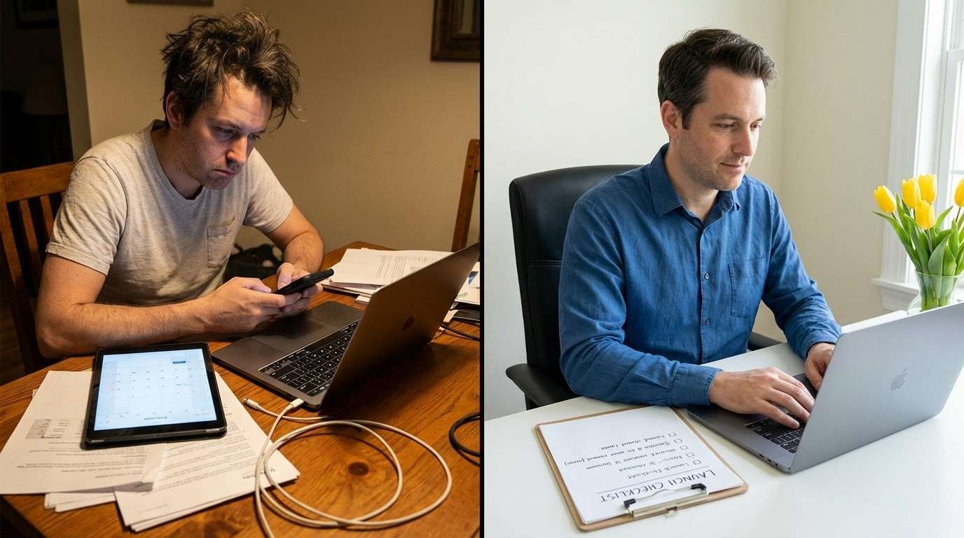 Two scenes comparing a parent overwhelmed by multiple screens versus a parent focused on one single business system.