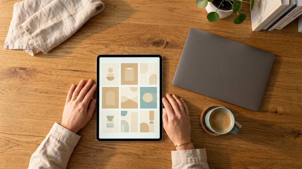 Parent’s hands near a tablet displaying digital mockups on a kitchen table in warm natural light.
