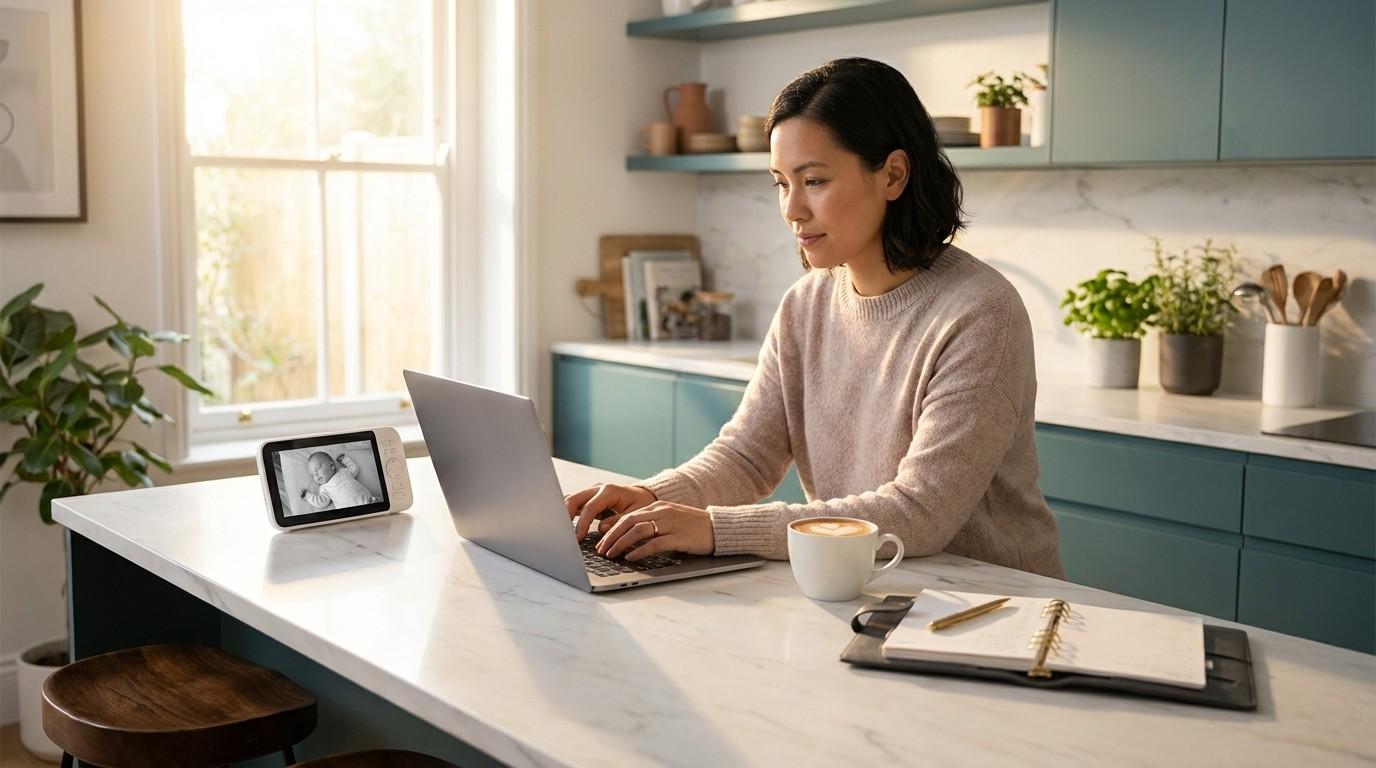 arent working on laptop at kitchen counter with baby monitor nearby — building an online business during morning quiet time