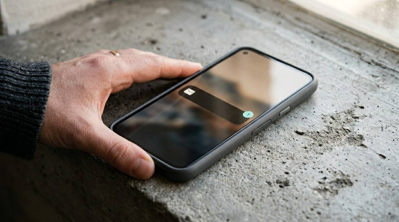 Close-up of a parent's hand holding a smartphone showing email notifications, representing focused outreach for passive income.