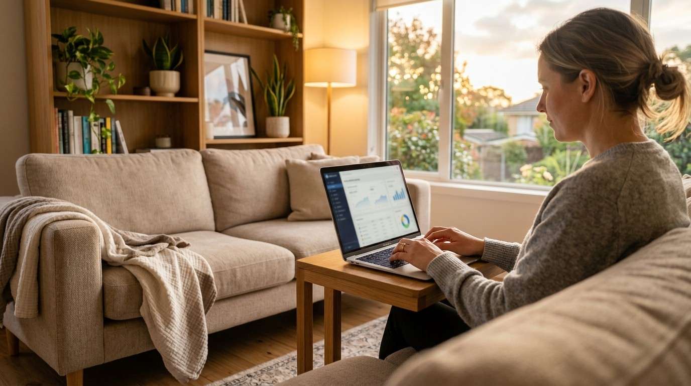 Hands typing on a laptop in a golden hour living room with a baby blanket nearby, showing the reality of passive income with resell rights.