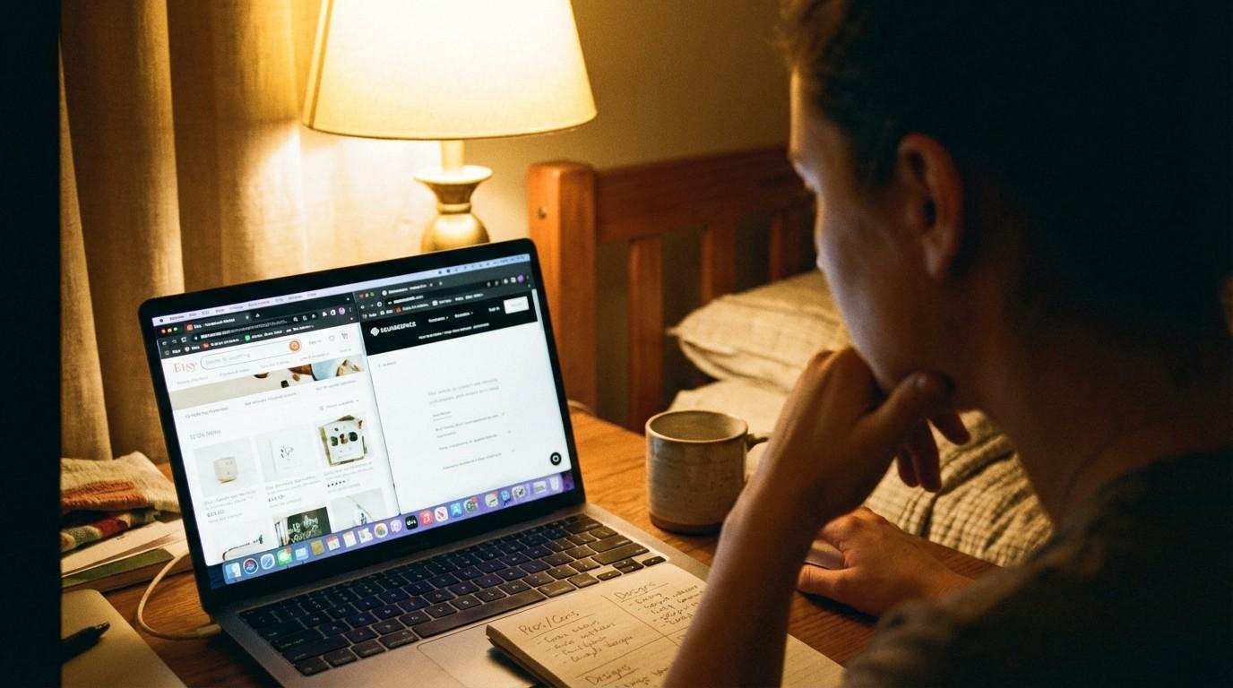 Person at desk comparing two browser tabs — marketplace and website builder — deciding where to list their first digital product