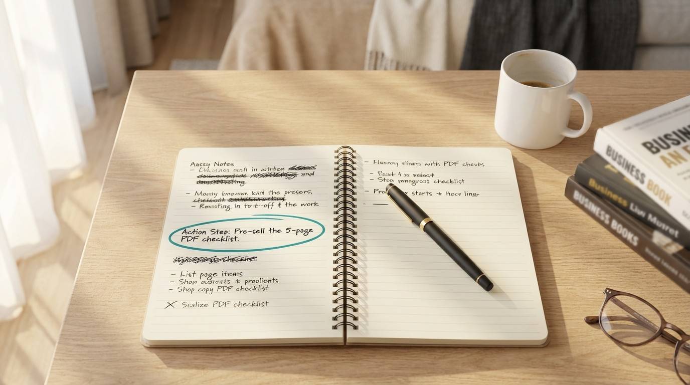 Notepad with beginner mistakes crossed out and one action step circled — the first step for parents starting an online business