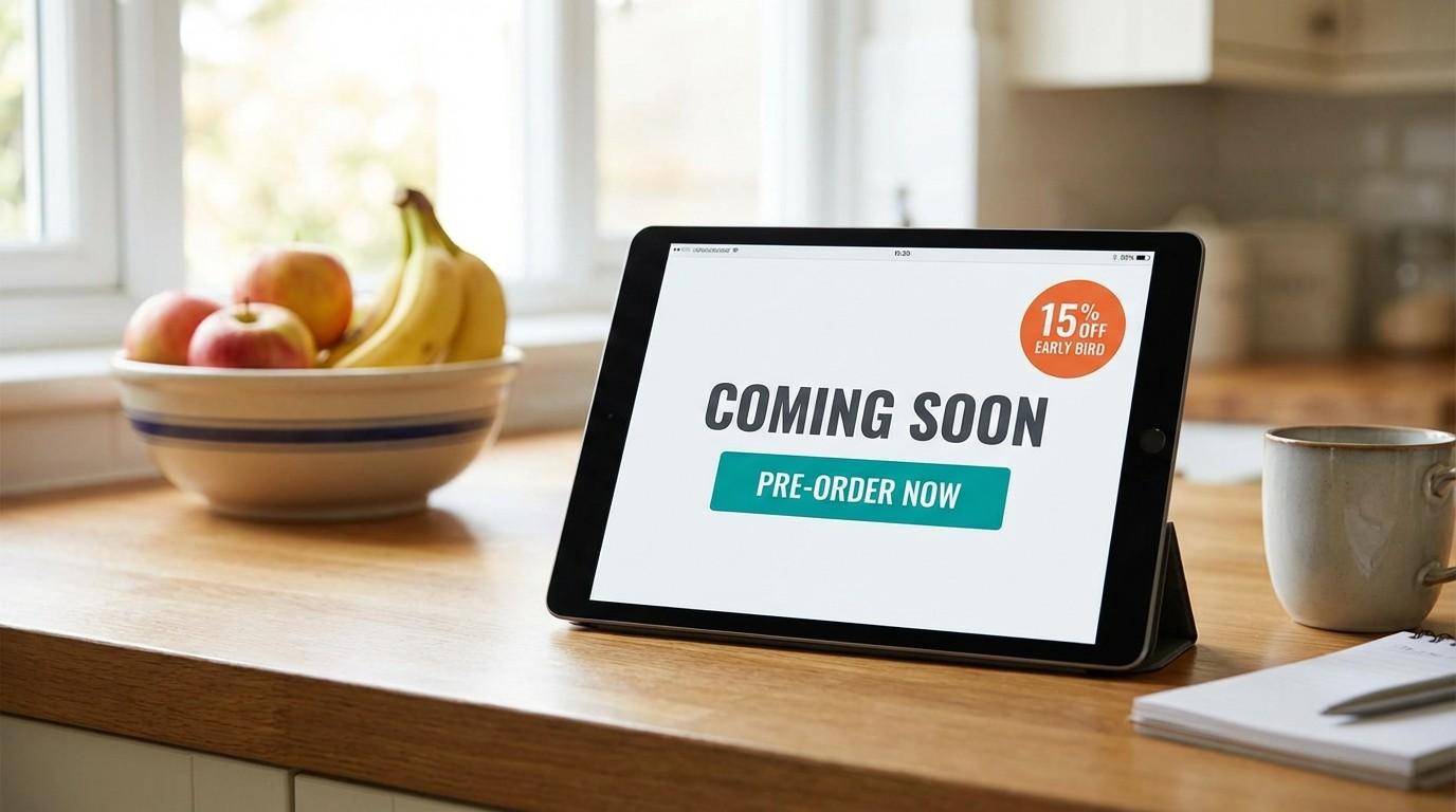 A tablet showing a pre-order sales page to validate a digital product idea before launch.