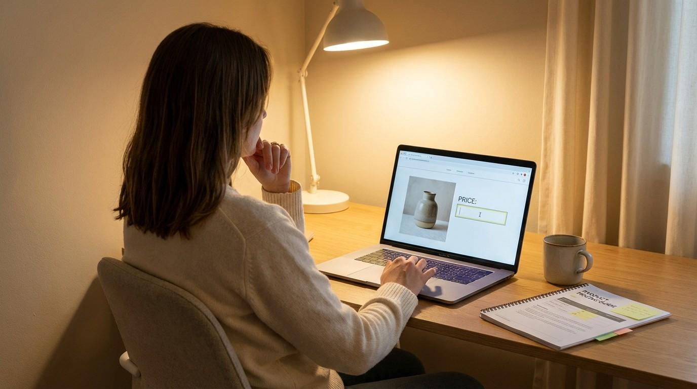 Person at desk looking at empty price field on laptop screen — the moment of uncertainty every new digital product creator faces