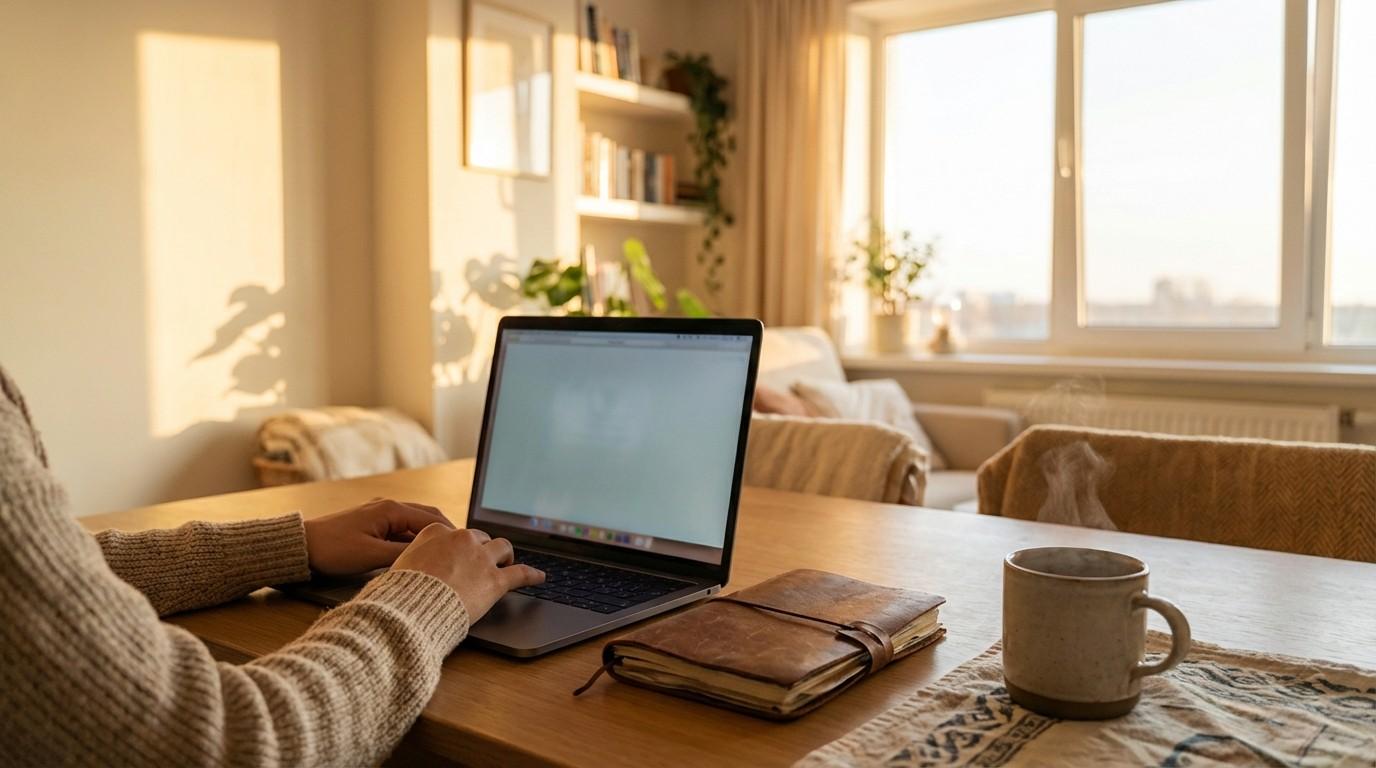 Person at kitchen table with laptop and coffee, realistic timeline to make 500 a month with a side hustle for busy parents