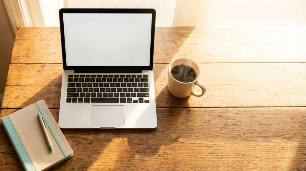 Laptop and coffee on desk for side hustle income guide, realistic timeline to make 500 a month with a side hustle