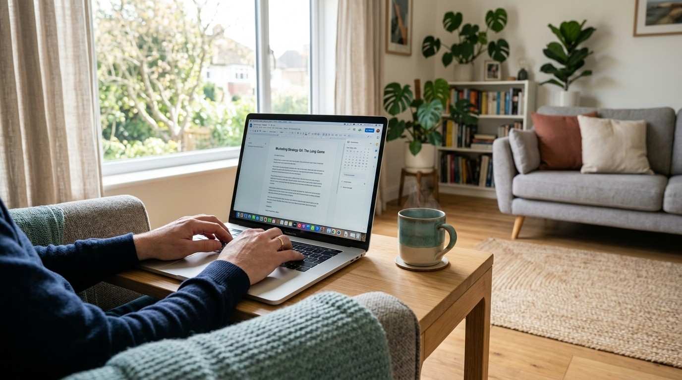 A wide view of a cozy home workspace where a parent types on a laptop, symbolizing content strategy for resell rights digital products on Beacons.