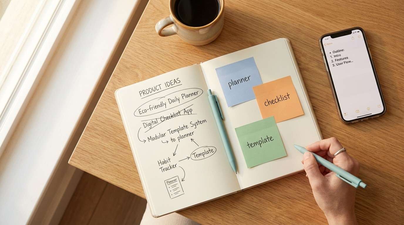 Notebook with brainstorming ideas, sticky notes, and coffee — Saturday morning planning session for a weekend side hustle project