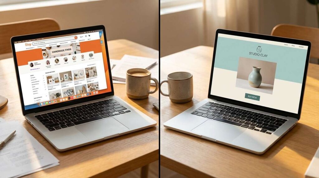 Split screen comparing selling digital products on Etsy marketplace versus a clean personal website — two platforms for busy parents to choose from