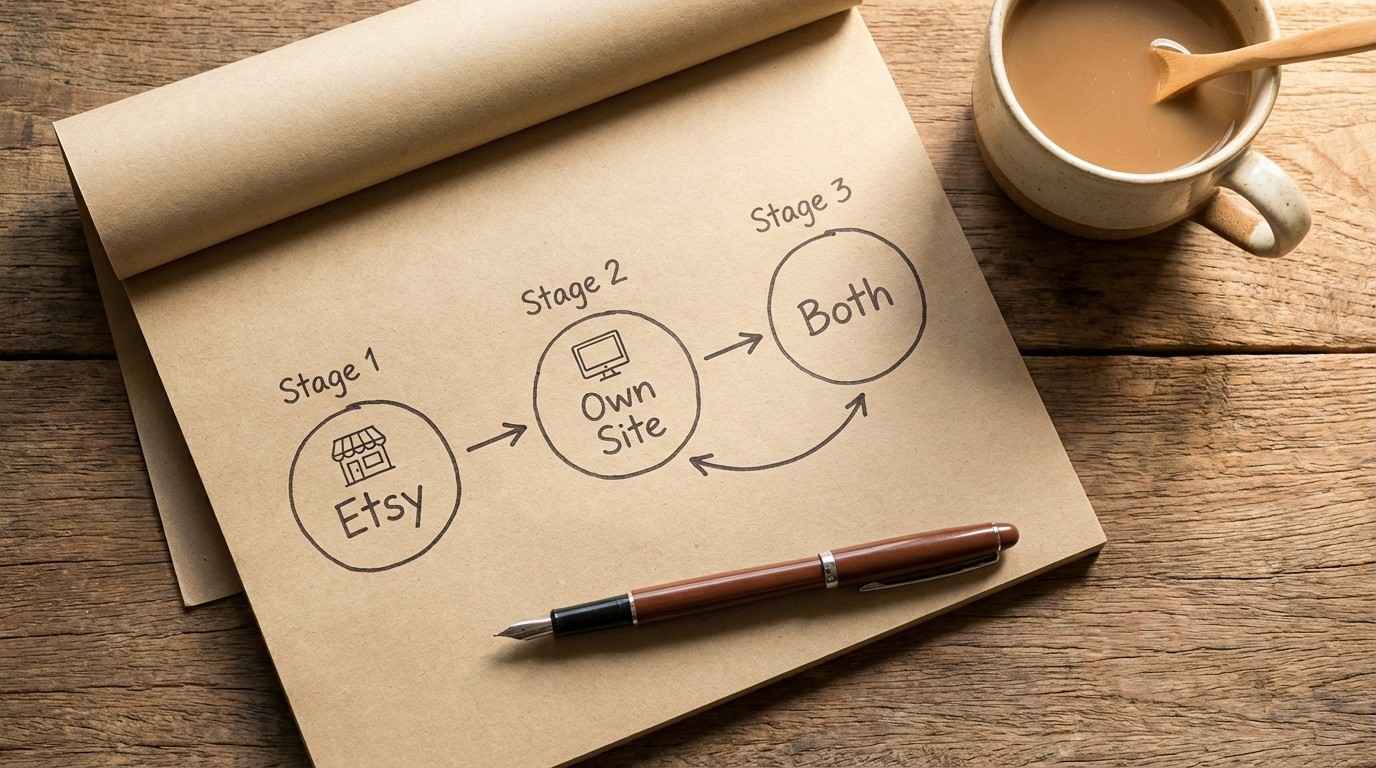 Handwritten roadmap showing the smart strategy to sell digital products — start on Etsy, build your own site, then run both