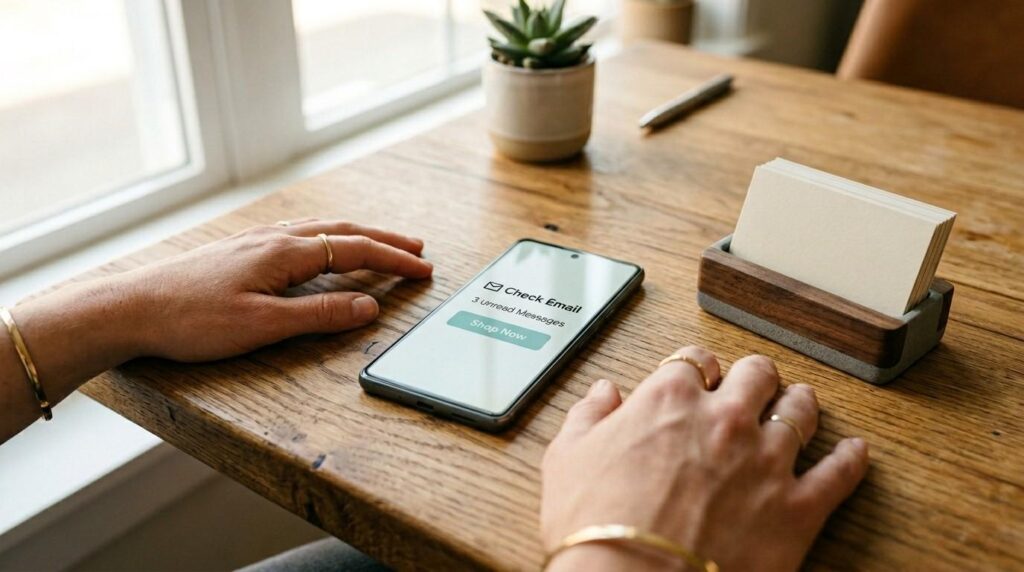 A parent's hands near a tablet displaying a digital store dashboard on a sunlit kitchen table, symbolizing how to sell MRR products on Beacons AI.