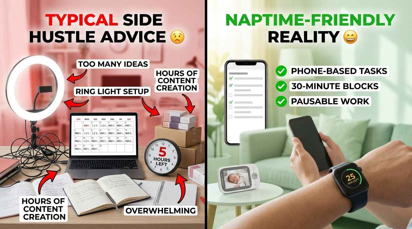 Comparison showing why traditional side hustle advice fails parents versus naptime-friendly alternatives that actually work