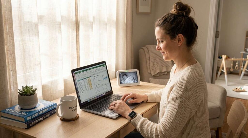 Busy parent working on laptop during naptime to start a profitable side hustle from home