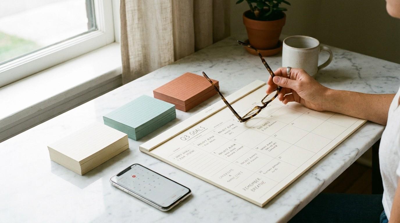 A hand holds glasses over a desk calendar with organized stacks of note cards, representing quarterly planning.