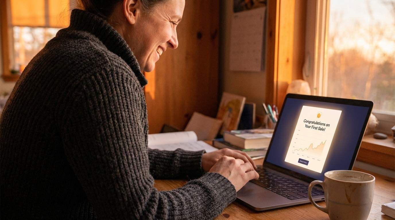 A happy parent achieving success by validating their digital product idea before building.