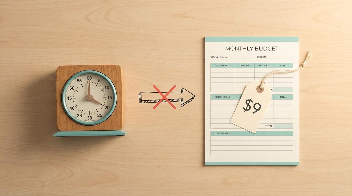 Clock showing 20 minutes next to a digital product priced at $9 — why creation time should not determine your pricing