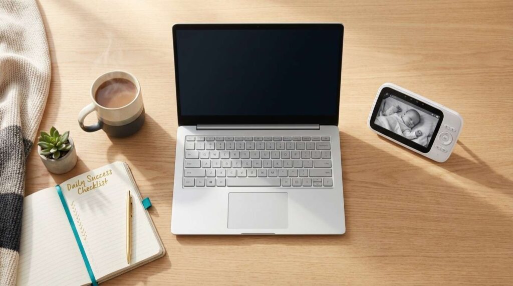 Laptop with online business storefront beside a baby monitor and coffee — how busy parents start an online business from home
