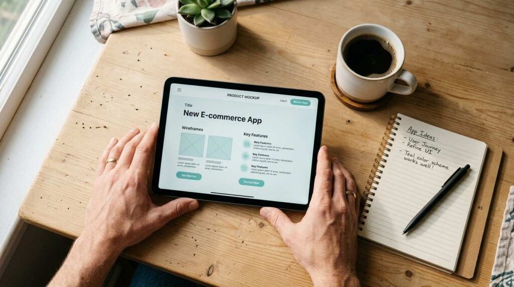 A parent's hands holding a tablet with a product setup on a clean kitchen table, explaining master resell rights.