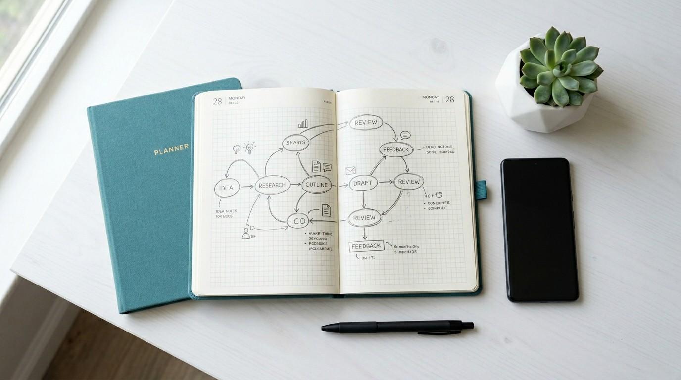 An overhead view of an open planner with a sketch workflow chart on a white desk, representing building a passive system.