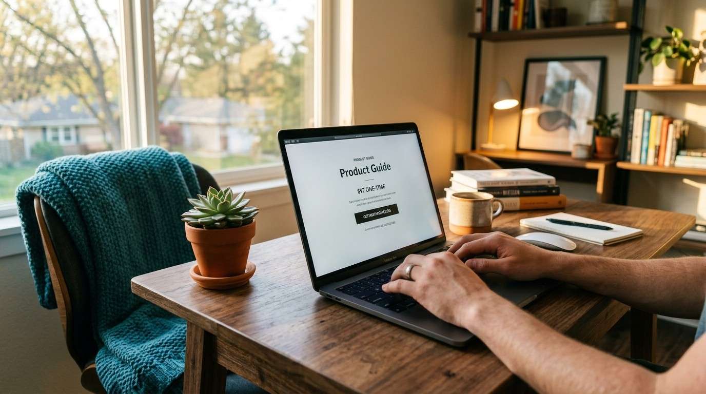 A laptop displaying a simple MRR landing page setup in a cozy, sunlit home office.