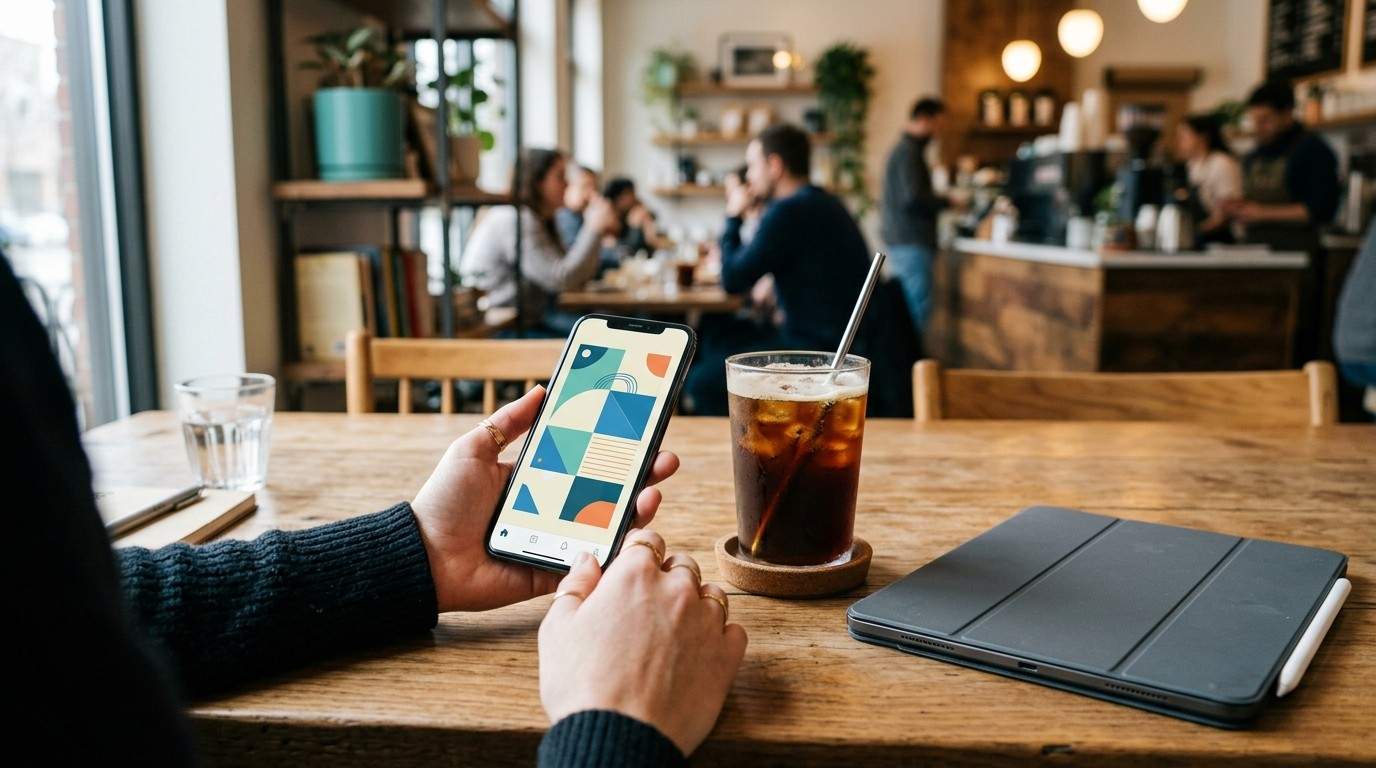 A hand holding a smartphone showing a content template in a coffee shop, ready to post on Instagram with confidence.