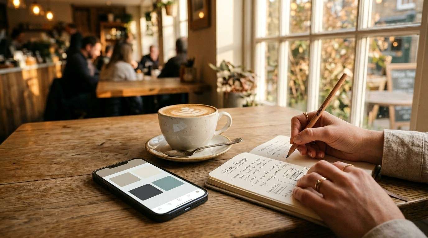A smartphone showing generic color swatches next to a coffee cup on a wood table, illustrating a canva brand kit for beginners.