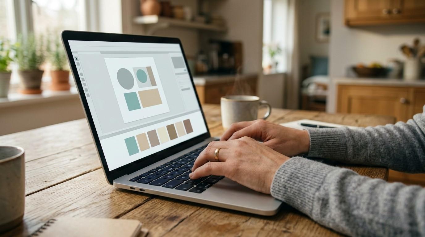 Close-up of hands typing on a laptop showing a design interface on a kitchen table, representing an efficient design session.