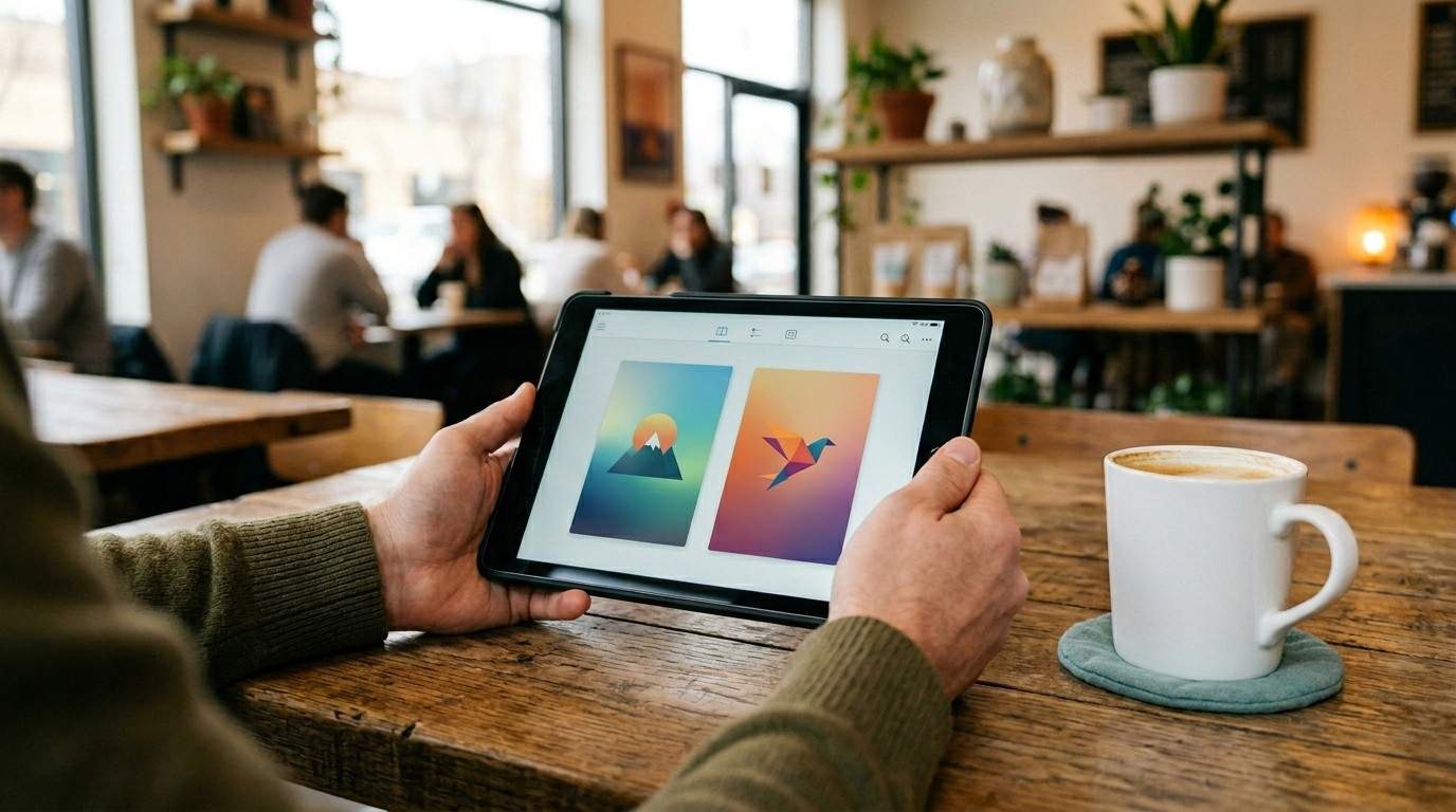 Hands holding a tablet displaying a side-by-side comparison of generic cover layouts in a coffee shop setting.