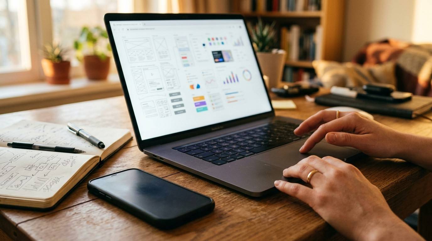 Hands using a laptop trackpad near a notebook in warm natural light, representing canva free limitations digital products frustration.